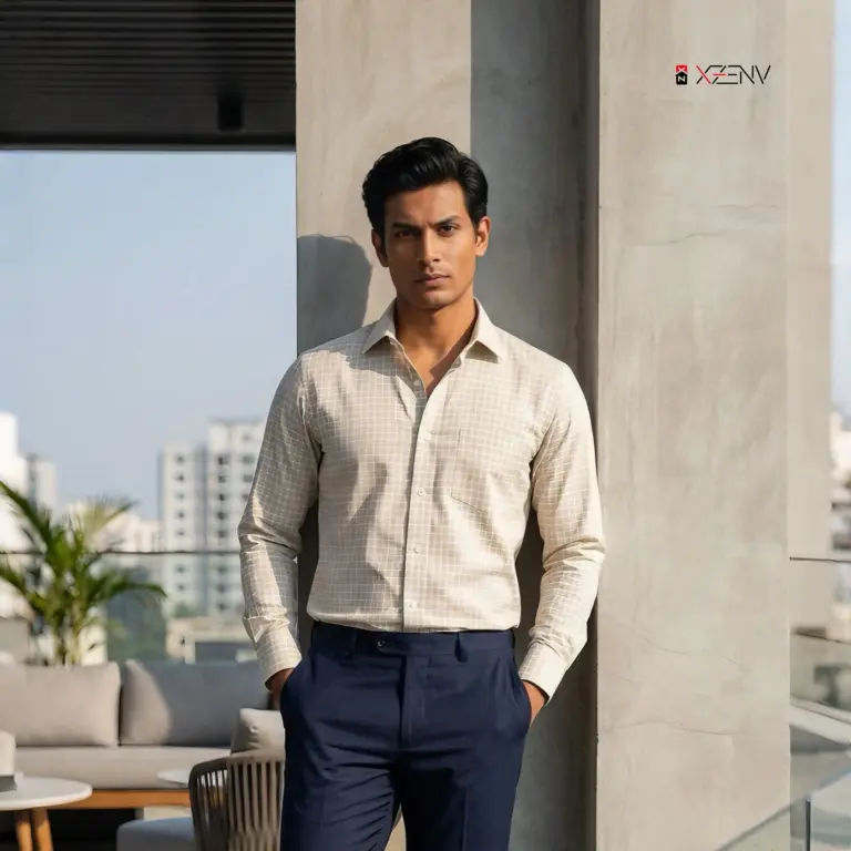 XZENV Beige Minimal Check Shirt – Soft & Elegant