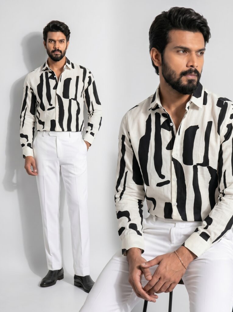 XZENV White Abstract Brush Shirt