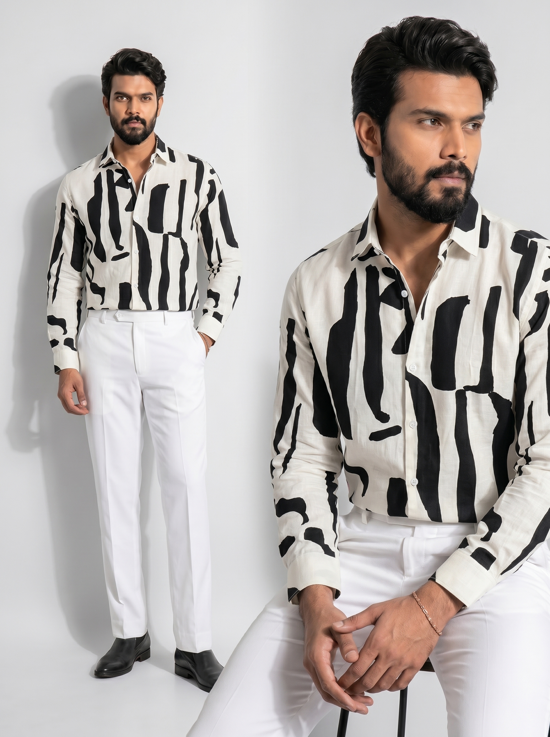 XZENV White Abstract Brush Shirt