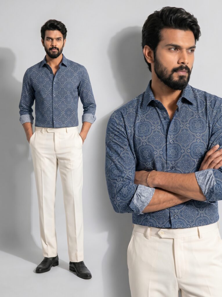 xzenv Navy Mosaic Print Shirt