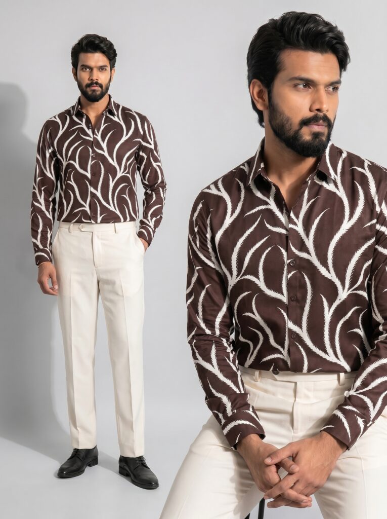 XZENV Brown Leaf Flow Shirt