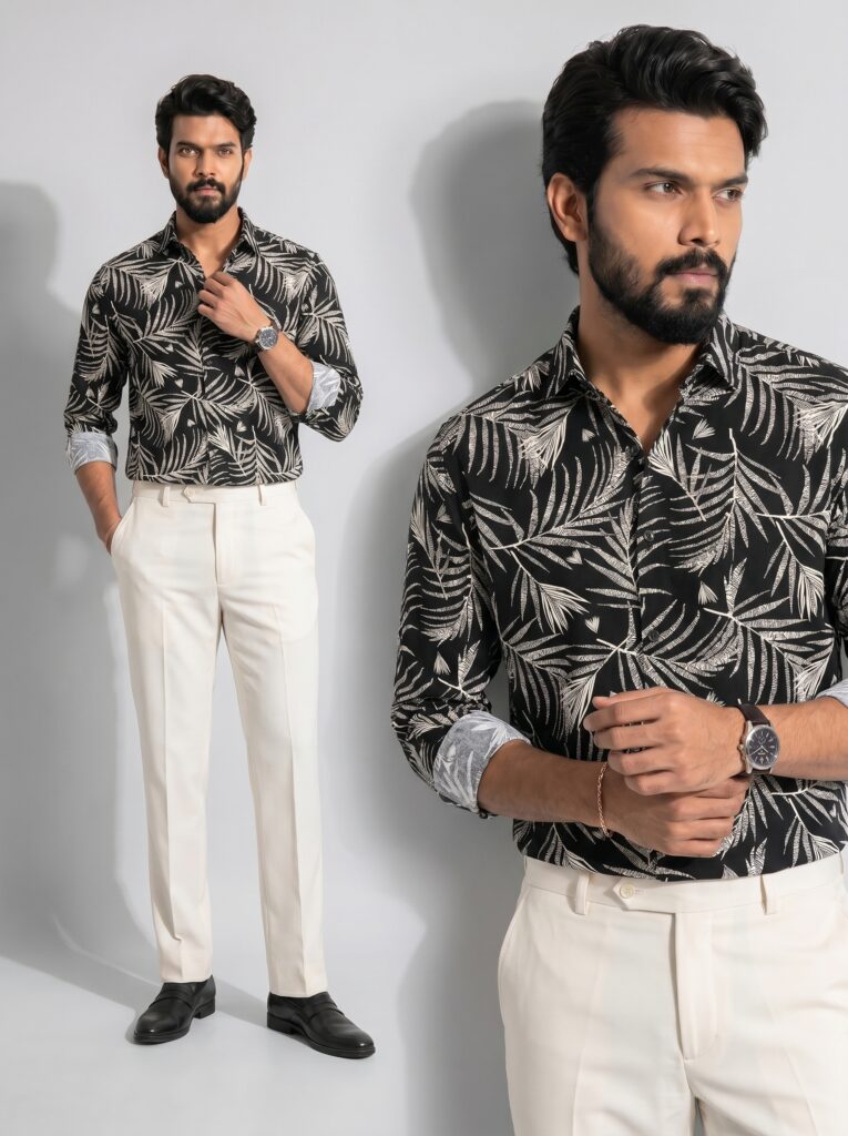 XZENV Black Palm Leaf Shirt