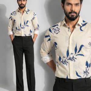 XZENV Ivory Blue Floral Premium Shirt