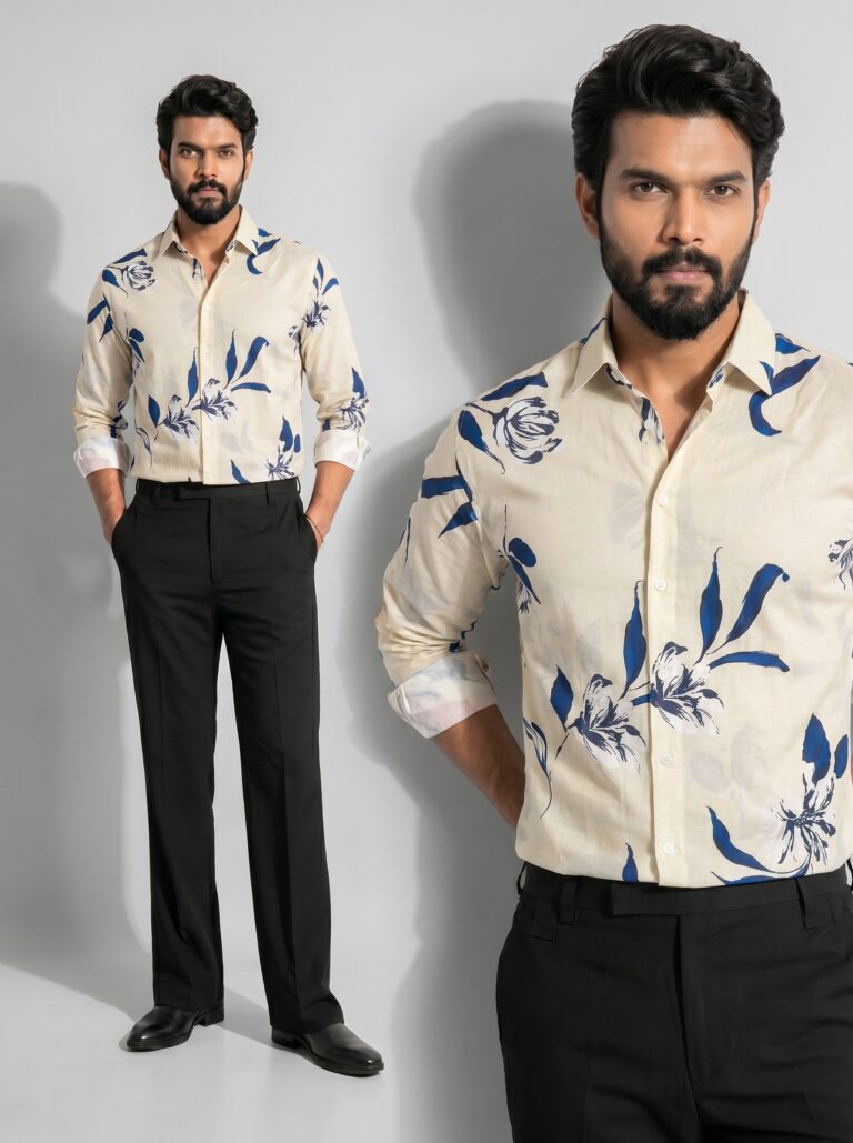 XZENV Ivory Blue Floral Premium Shirt